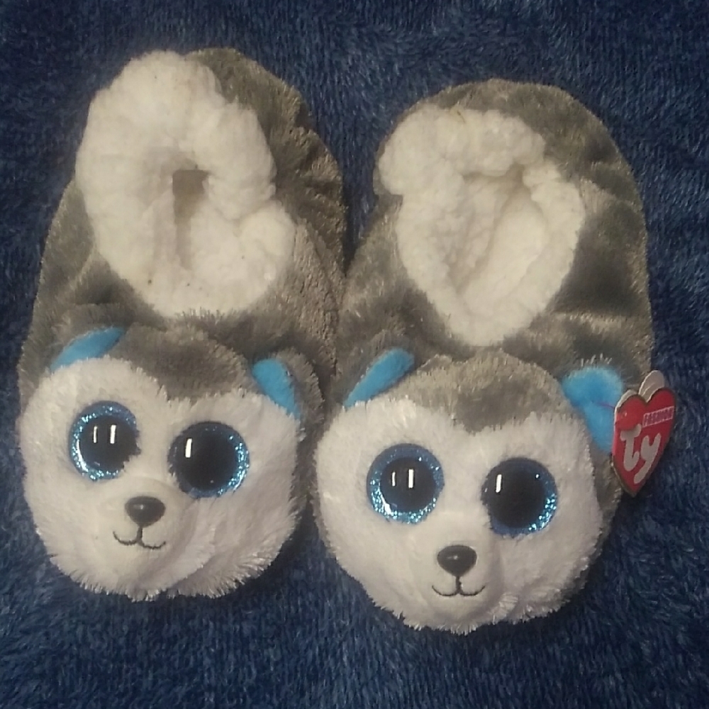 Ty Plush Husky Slippers in Gray, White & Blue